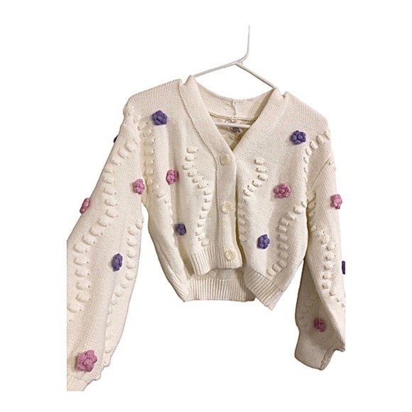 Jessica Simpson cream embroidery applique cable knit cardigan sweater size Small - Picture 3 of 11
